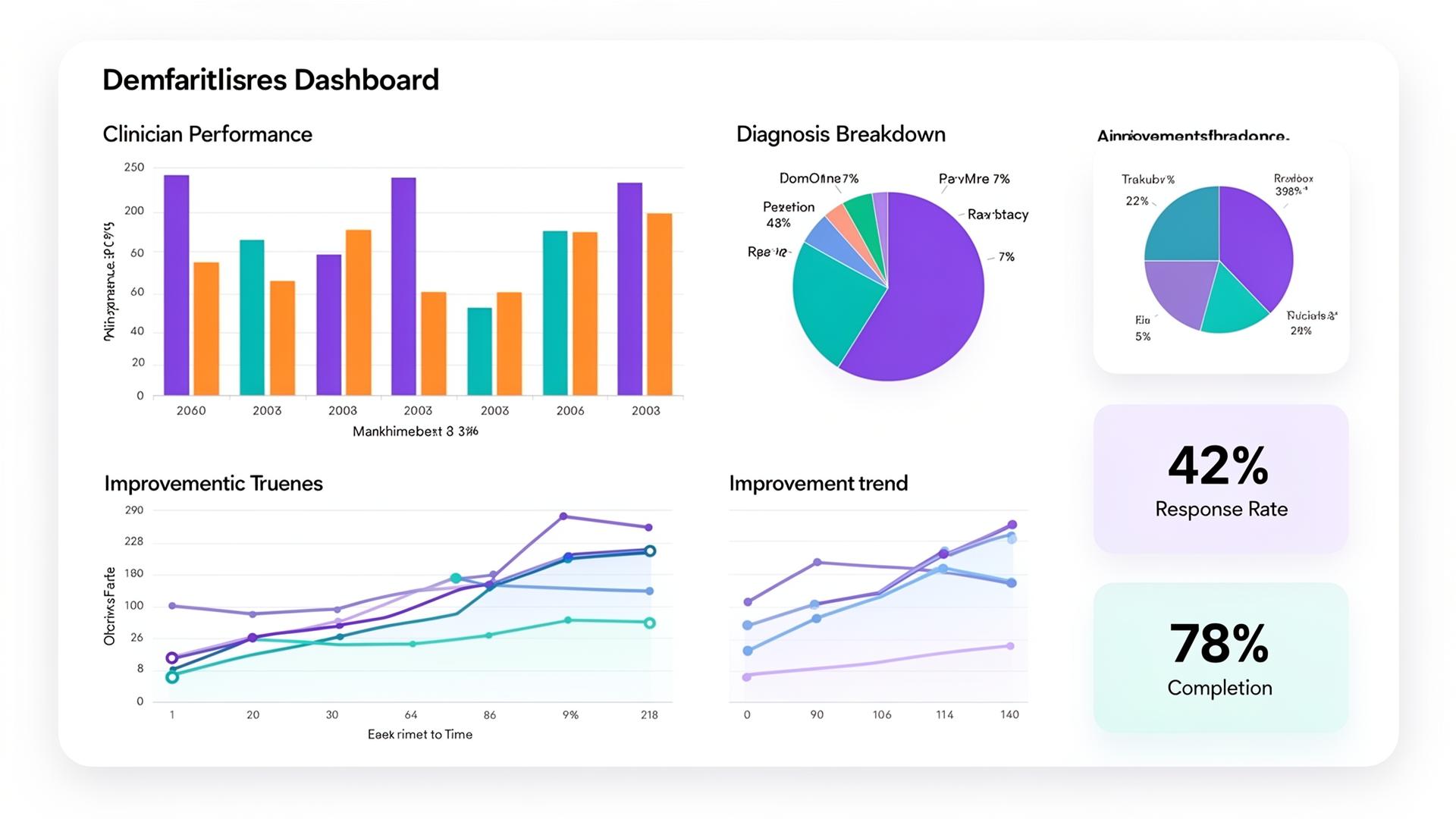 TouchpointHQ Insights Dashboard showing clinician performance metrics, diagnosis breakdown, and improvement trends
